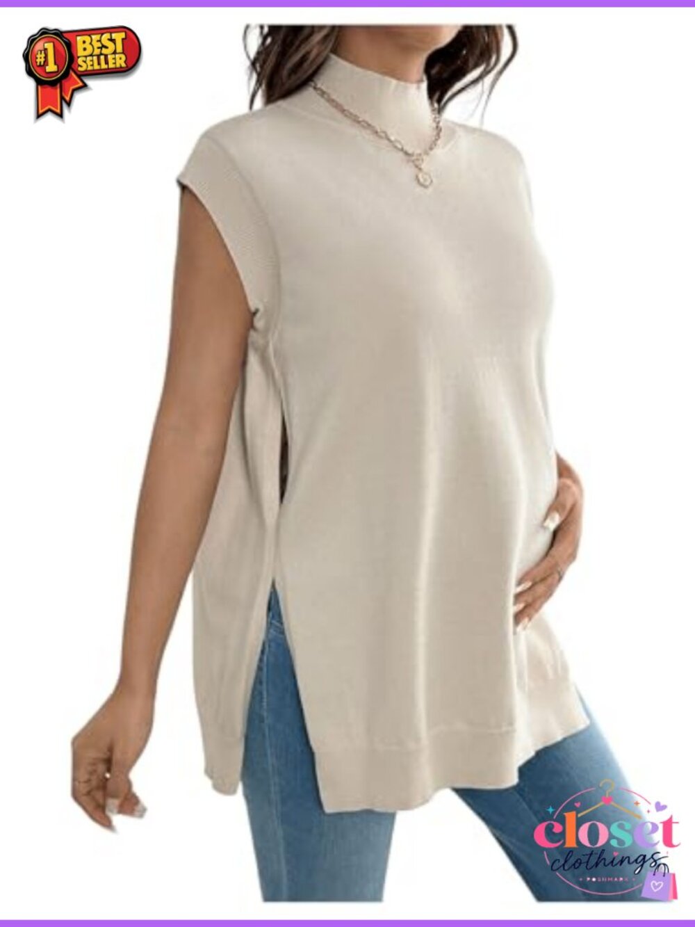 Maternity Mock Neck Sleeveless Knit Sweater Vest Loose Fit Fall Top